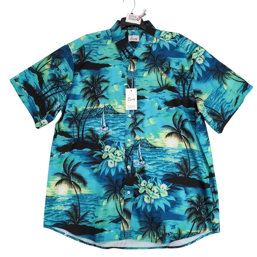 NWT EUOW Blue Green Hawaiian Button Shirt Mens XL  Stretch Tropical Beach Resort